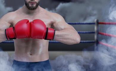 Boxer wearing red gloves on boxing ring in smoke, closeup. Space for text