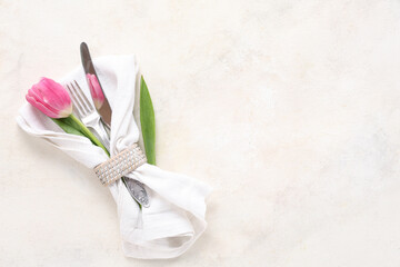 Table setting with tulip on white background. Mother's day concept