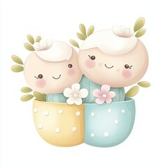 Cute Potted Plant Friends Illustration with Flowers and Happy Faces in Pastel Colors Digital Art