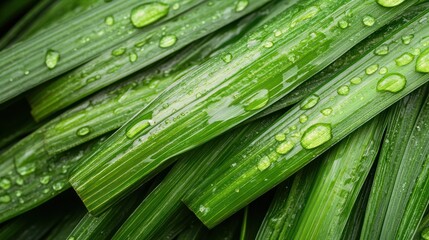 Close-up of fresh green leaves with water droplets.