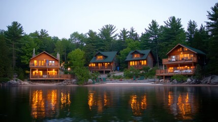 Obraz premium Serene Lake at Dusk with Charming Rustic Cabins