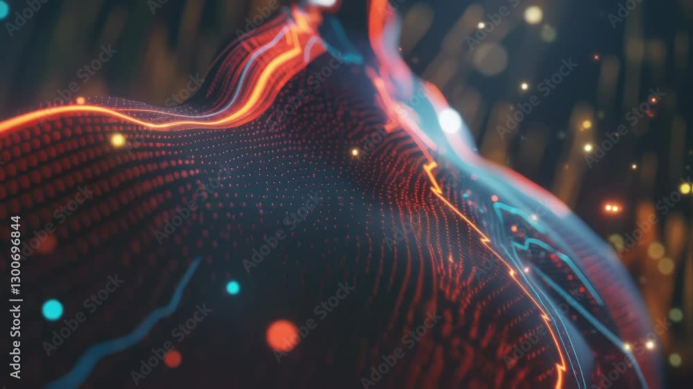 Poster digital particles form a dynamic landscape, transforming and shifting with glowing lines, creating a