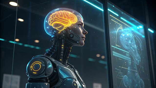 Futuristic android, glowing brain, holographic display, cybernetic implants, neon lights, transparent interface, neural network visualization, sci-fi laboratory, blue tones, high-tech environment, art - Powered by Adobe