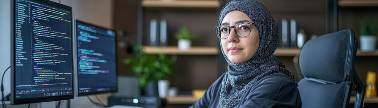 A Muslim programmer wearing a hijab coding in Python, sitting in a minimalist office with sleek decor, focused and professional atmosphere, detailed and photorealistic portrait
