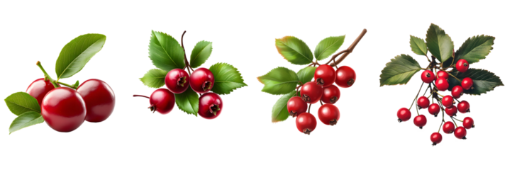 Variety of Red Berries with Green Leaves on White Background.