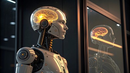 Futuristic android profile, glowing brain visualization, transparent skull, cybernetic implants, neon lights, reflective surfaces, dark background, high-tech display, neural network diagram, robotic