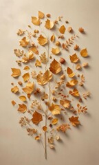 Dried flower golden leaves scattered on a beige background,  earthy tones,  natural elements