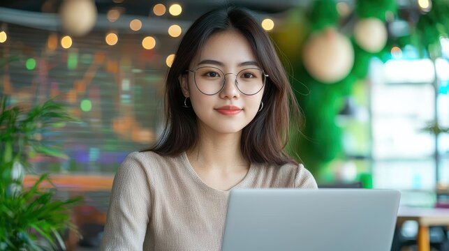 An East Asian female programmer debugging code on a laptop