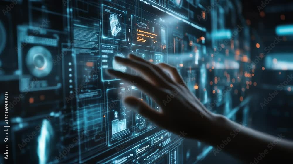 Poster hand interacting with a complex digital interface, managing data and charts in a futuristic technolo