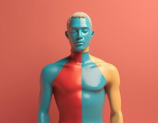 3D rendering of a male figure, painted in a bold color block style. The figure's body is divided into sections of blue, red, and yellow, creating a striking visual contrast.