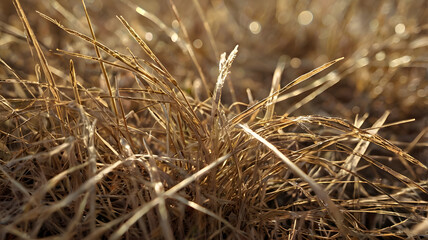Fototapeta premium Dried Golden Grass: An evocative image of dry golden grass, intricately textured and bathed in the soft glow of sunlight, evokes feelings of warmth and nature's artistry.