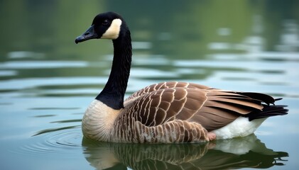 Obraz premium Majestic Canada goose preens feathers on lakeshore, ripples, scenic, vegetation