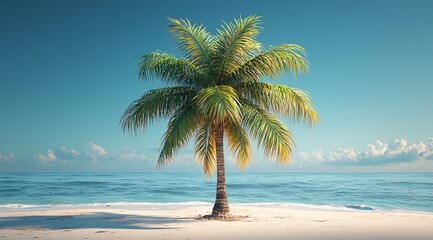 Serene Tropical Beach Scene Single Palm Tree on Pristine White Sand and Azure Ocean