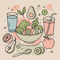 Minimalist hand-drawn illustration of a healthy meal with fresh salad, fruits, vegetables, and drinks. The modern line-art style emphasizes clean eating, balanced nutrition, and a wellness-focused 