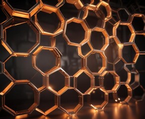 Glowing hexagon metal structure illuminated by soft warm light, hexagonal,  luminescent,  ambient