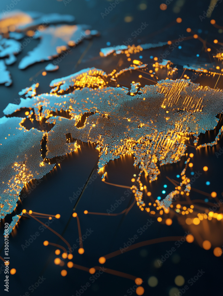 Poster digital world map illuminated with glowing connections, showcasing global networks and data flow. vi