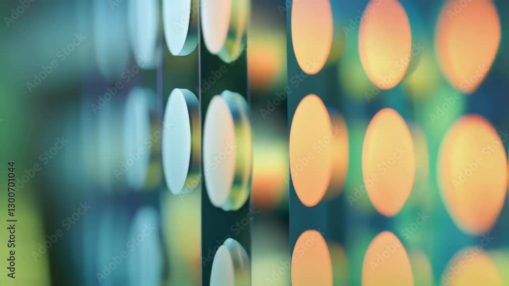 Poster metallic round capacitors are sliding on a transparent circuit board, changing colors from white to 