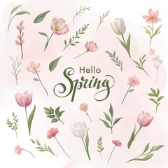 Gentle spring flowers and leaves White and pink seasonal flowers painting