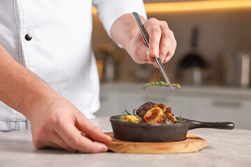 Professional chef serving dish at table indoors, closeup