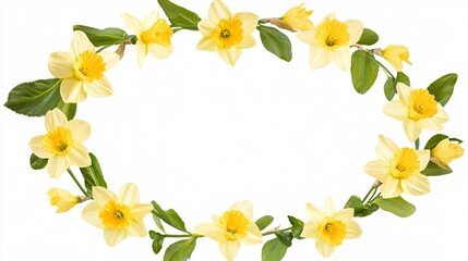 Obraz premium A delicate oval frame made entirely of fresh yellow daffodils, arranged symmetrically with green leaves interwoven, set against a pure white background