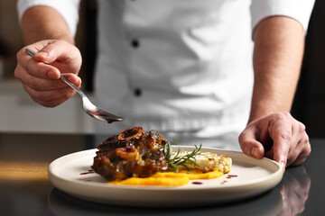Professional chef adding sauce to delicious dish at table indoors, closeup