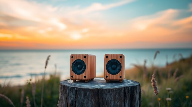 stock photo Two small, natural wood speakers on a tree stump, facing the camera against a sunset coastal landscape