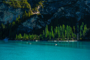 The Pragser Wildsee (Lago di Braies) in the heart of the UNESCO nature site Dolomites in Italian Alps. 