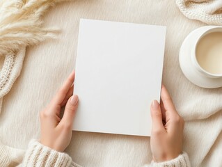 white magazine mockup. A pair of hands holds a blank sheet of paper on a soft textured surface, accompanied by a cup and decorative elements.