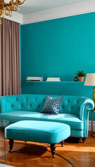 Turquoise sofa in interior, vibrant. with white shades