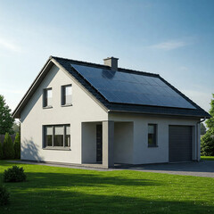 Fototapeta premium Modern house with blue solar panels on the roof. End of the day, sunset. Idyllic atmosphere