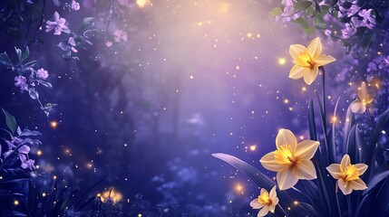 Obraz premium A magical daffodil frame glowing with tiny fireflies and enchanted mist, set against a twilight gradient background with hints of purple and blue