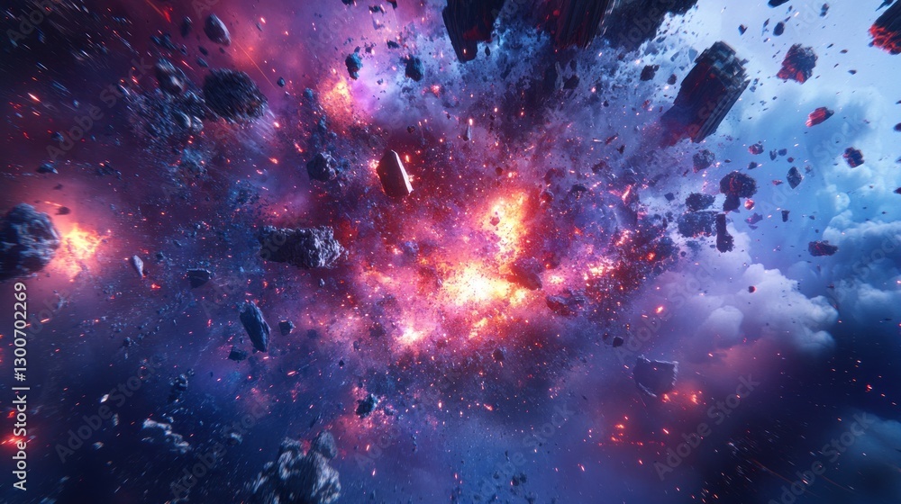 Poster cosmic collision: a fiery celestial ballet of exploding asteroids and nebulae
