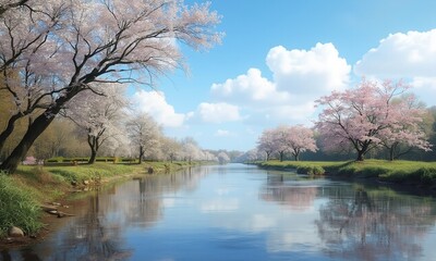 Spring flood waters reflecting blue sky and blooming trees along riverbank