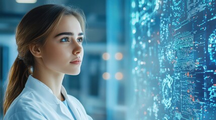 Naklejka premium A focused woman in a lab coat analyzes digital data on a futuristic interface.