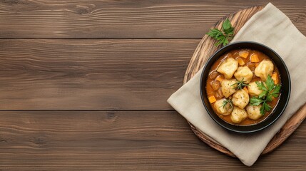 A bowl of food with a wooden table underneath it