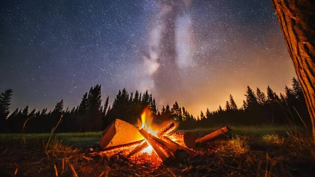 timelapse d'un feu de camp dans une for&ecirc;t sous une nuit &eacute;toil&eacute;e