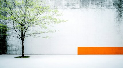 Minimalist Spring Tree  Orange Wall  Modern Design  Concrete  Nature
