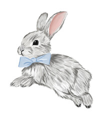 Cute grey hand drawn jumping rabbit  in watercolor style isolated on white background. Easter bunny with blue bow
