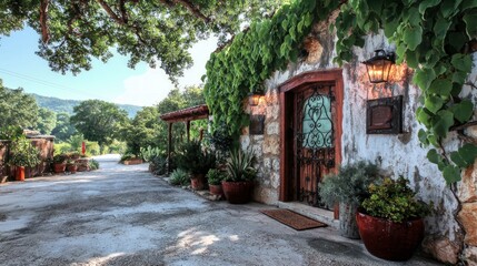 Obraz premium Rustic Stone House Entrance Wrought Iron Door Vines Bougainvillea Landscaping Pathway