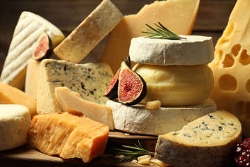 Different types of cheese, rosemary and fig on table, closeup