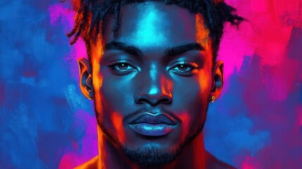 Fototapeta premium Close-up portrait of a young Black man with dreadlocks, illuminated by vibrant blue and pink light.