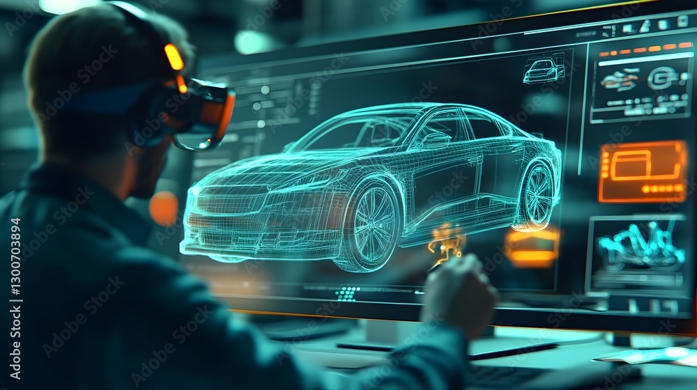 Poster a futuristic automotive research lab with a designer fine tuning a transparent digital car prototype