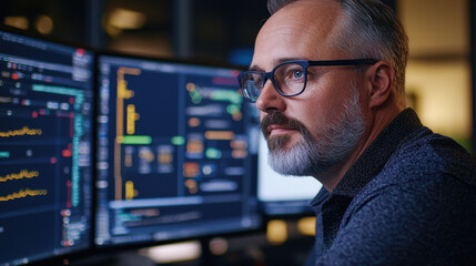 cybersecurity expert focused on coding at multiple monitors, showcasing advanced technology and concentration