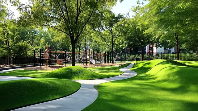 Artificial turf cushions a modern play area, complete with twisting slides, monkey bars, and seesaws. Trees provide shade around the lively and safe space.
