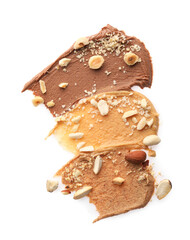 Different nut butters and nuts isolated on white, top view