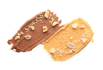 Different nut butters and nuts isolated on white, top view