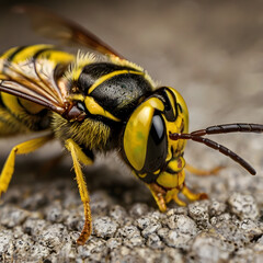 Striking Wasp Up Close: A detailed macro shot of a vibrant wasp, showcasing its striking yellow and black markings and sharp features.