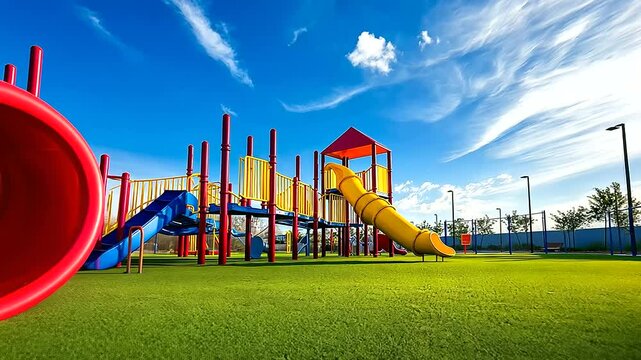 A well-maintained playground bursts with color, featuring bold red tunnels and vibrant yellow slides. Soft artificial grass creates a safe, inviting environment for kids.