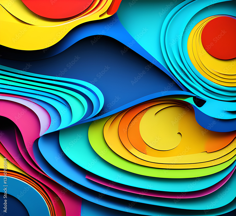 Fototapete This colorful illustration features vibrant abstract layers that flow and swirl gracefully across a serene blue background, creating a dynamic and engaging visual element.generative ai