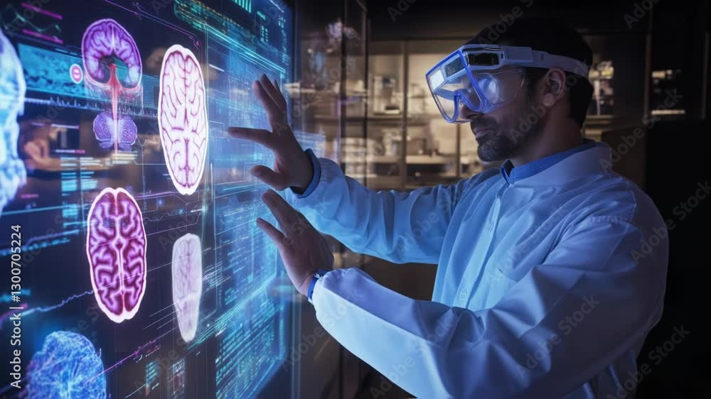 Poster scientist wearing augmented reality goggles interacting with a futuristic touchscreen interface show